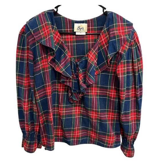Vintage Byer California Plaid Ruffle Collar Blouse Small Tartan Long Sleeve Sz S - Picture 1 of 10